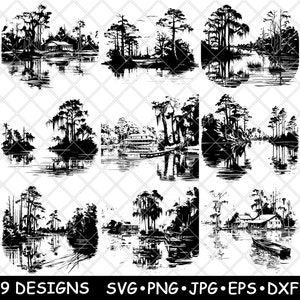Caddo Lake Moerascipres Water Vijver Moeras Grove Mos Laser Bestand SVG PNG JPG grijswaarden afbeelding branden gesneden vector Coaster zwart wit CNC hout