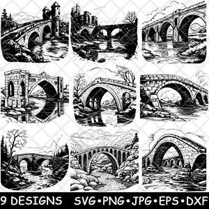 Stone Bridge Arch River Bank Medieval Gothic Old Tower Laser File SVG PNG JPG Grayscale Burn Image Cut Vector Coaster Black White Cnc Wood