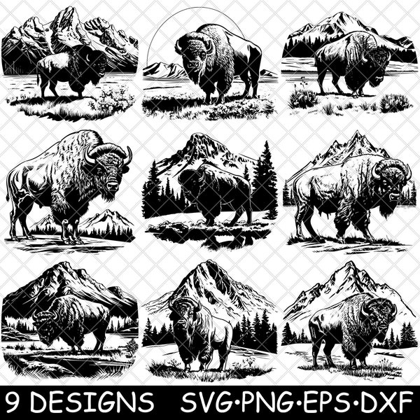Grand Teton Bison Buffalo National State Park Mountain Pines Wild SVG,Dxf,Eps,PNG,Cricut,Silhouette,Cut,Laser,Stencil,Iron-on,Clipart,Print