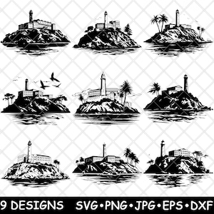 Alcatraz Prison Island Penitentiary Isolation Building Laser File SVG PNG JPG grijswaarden afbeelding branden gesneden vector Coaster zwart wit CNC hout