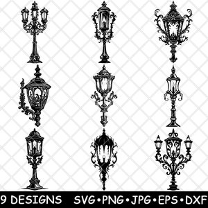 Puede incluir: Nueve ilustraciones vectoriales en blanco y negro de farolas ornamentadas con diferentes diseños. Las farolas son todas de estilo vintage y presentan detalles intrincados.