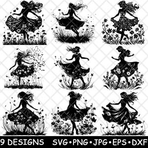 Danse femme en robe scène fleurs champs Nature beauté fichier laser SVG PNG JPG niveaux de gris gravure image coupe vecteur sous-verre noir blanc Cnc bois
