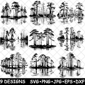 Bald Cypress Tree Water Pond Swamp Wetland Grove Moss Evergreen SVG,Dxf,Eps,PNG,Cricut,Silhouette,Cut,Laser,Stencil,Iron-on,Clipart,Print