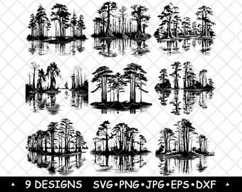 Bald Cypress Tree Water Pond Swamp Wetland Grove Moss Evergreen SVG,Dxf,Eps,PNG,Cricut,Silhouette,Cut,Laser,Stencil,Iron-on,Clipart,Print