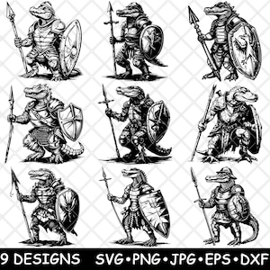 Alligator krokodil krijger speer schild dier ridder laserbestand SVG PNG JPG grijswaarden afbeelding branden gesneden vector Coaster zwart wit CNC hout