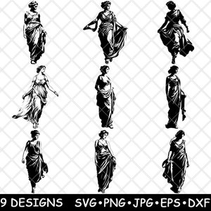 May include: Black and white vector illustrations of nine classical figures in flowing gowns. The figures are in various poses, some holding fabric, others walking. The bottom of the image includes the text "9 DESIGNS SVG PNG JPG EPS DXF".