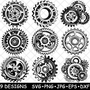 Puede incluir: Nueve ilustraciones vectoriales en blanco y negro de diferentes diseños de engranajes. Los engranajes son intrincados y detallados, con diferentes tamaños y formas.