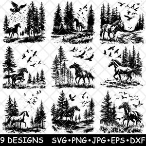 Cheval forêt de pins forêt oiseaux Nature paysage équin fichier laser SVG PNG JPG niveaux de gris gravure image coupe vecteur sous-bock noir blanc Cnc bois