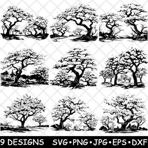 Árvores de cerejeira Sakura Japão Hanami Bonsai Canopy Laser Arquivo SVG PNG JPG Tons de cinza Imagem queimada Corte Vetor Coaster Preto Branco Cnc Madeira