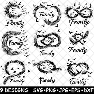 鳥の羽根リース 家族の引用 団結 無限の絆 レーザーファイル SVG PNG JPG グレースケール 焼き込み画像 カット ベクター コースター 黒 白 CNC 木材