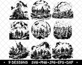 Paquete de vectores de escenas de batalla de soldados de la Segunda Guerra Mundial / Arte militar para calcomanías, impresiones y grabados