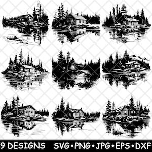 Rustic Cabin Retreat Lake Forest Woodland Cottage Home Laserbestand SVG PNG JPG grijswaarden afbeelding branden gesneden vector Coaster zwart wit CNC hout