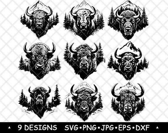 Bison Buffalo Mountain Wildlife Vector Pine Forest Clipart Western Animal Design Laser Engraving PNG