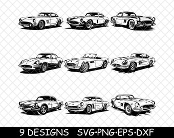 Voiture de sport vintage rétro classique à collectionner Roadster Coaster noir blanc fichier laser SVG Dxf PNG Glowforge Lightburn coupe graver Coaster Cnc