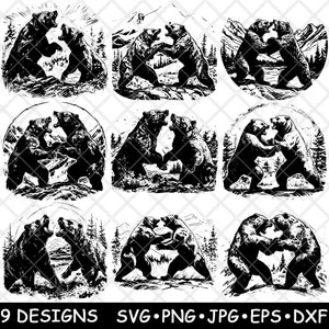 Puede incluir: Nueve ilustraciones en blanco y negro de dos osos enfrentados en posición de lucha. Los osos están en varias poses y el fondo es una simple escena de bosque.