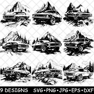 Autos musculosos clásicos, autos antiguos, carreras de aceleración, carretera, archivo láser, SVG, PNG, JPG, escala de grises, imagen quemada, corte, vector, posavasos, negro, blanco, CNC, madera
