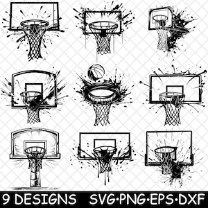May include: Nine black and white basketball hoop designs with paint splatters. The hoops are in various positions and angles. The designs are perfect for creating custom t-shirts, mugs, and other crafts.