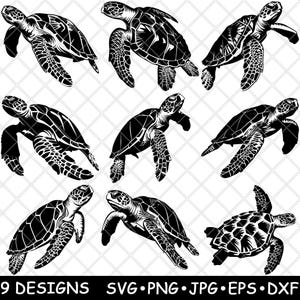 May include: Nine black and white silhouette designs of sea turtles in various poses. The turtles are facing different directions and have different positions of their flippers and heads.