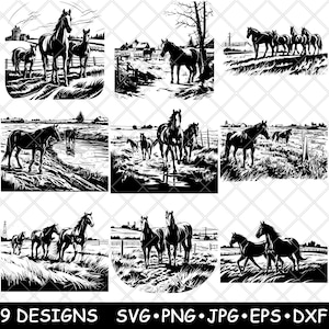 Pferde Bauernhof Ranch Ländlichen stabilen Reiter Koppel Land Laser Datei SVG PNG JPG Graustufen Brennen Bild Schnitt Vektor Untersetzer Schwarz Weiß Cnc Holz