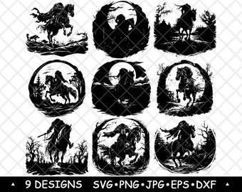 Headless Horseman Phantom Scary Hessian Horror Halloween Laser File SVG PNG JPG Grayscale Burn Image Cut Cricut Coaster Black White Cnc Wood