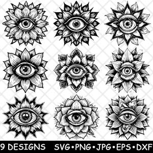 May include: Nine black and white illustrations of stylized flowers with an eye in the center of each flower. The flowers have a variety of petal shapes and sizes.