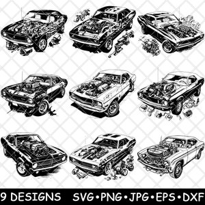 May include: Nine black and white line art illustrations of classic muscle cars with the engine and chassis exposed. The cars are in various poses, some with wheels removed and parts scattered around them.