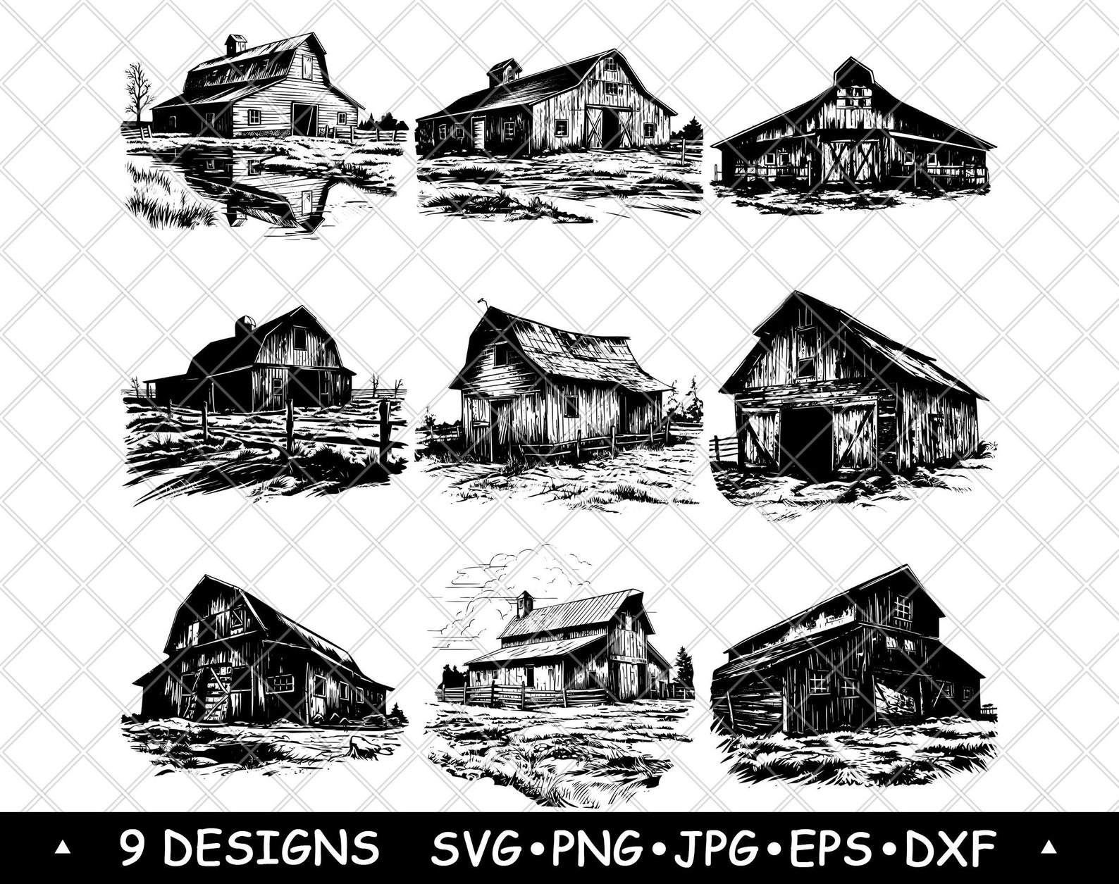 Rustic Barn Clipart Bundle Vintage Farm Barn Line Art PNG SVG Country ...