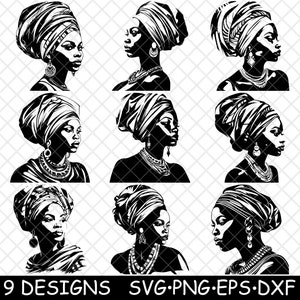 Donna nera africana Donna afro-caraibica americana Donna del Congo File laser SVG PNG JPG Scala di grigi Immagine bruciata Tagliata Vettore Sottobicchiere Bianco Legno CNC