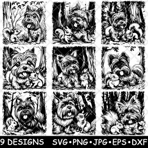 Yorkshire Terrier Pies Zwierzę Wiewiórka Las Scena Lasowa Laser Plik SVG PNG JPG Skala szarości Wypal Obraz Wytnij Wektor Podkładka Czarny Biały Cnc Drewno