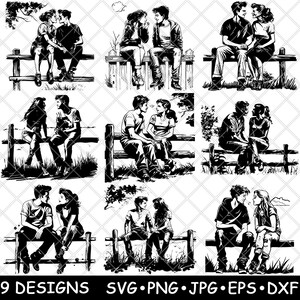 Pareja joven enamorada, valla rústica, campo, romance juvenil, archivo láser SVG, PNG, JPG, escala de grises, imagen quemada, corte vectorial, posavasos, blanco y negro, CNC, madera