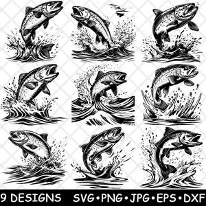 May include: Black and white illustration of nine leaping fish designs. Each design shows a fish jumping out of water, with detailed water splash effects. The image includes the text "9 DESIGNS SVG PNG JPG EPS DXF".