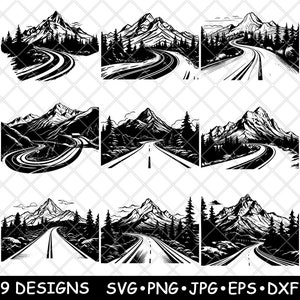 Mountain Winding Road Highway Alpine Ridge Highland View Laser File SVG PNG JPG Grayscale Burn Image Cut Vector Coaster Black White Cnc Wood