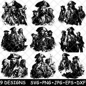 Puede incluir: Una colección de nueve ilustraciones digitales en blanco y negro con varios personajes piratas que usan sombreros de tres picos y ropa de época. El texto inferior dice 9 DESIGNS SVG PNG JPG EPS DXF. Cada diseño muestra retratos detallados.