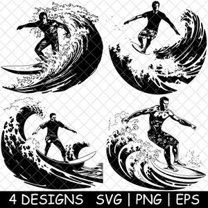 May include: Four black and white illustrations of surfers riding waves. Each illustration features a surfer with a different pose and a wave with a unique design.