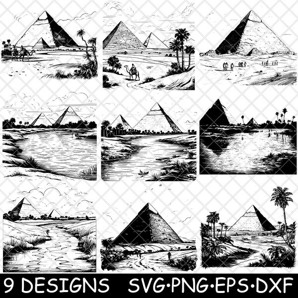 Great Pyramid Giza Egypt Nile River Pharaoh Tomb Ancient Khufu SVG,Dxf,Eps,PNG,Cricut,Glowforge,Lightburn,Cut,Laser,Stencil,Iron-on,Print