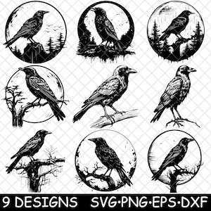 Crow Raven Full Moon Eerie Dark Magic Halloween Bird Coaster Black White Laser File SVG PNG Grayscale Burn Image Cut Cricut Coaster Cnc Wood