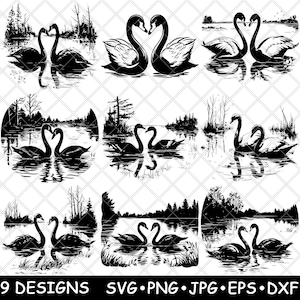 Pareja de cisnes, pantano, lago, dos aves acuáticas, ganso, corazón, romance, archivo láser, SVG, PNG, JPG, escala de grises, imagen quemada, corte, vector, posavasos, negro, blanco, CNC, madera