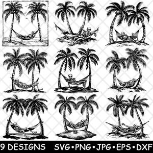 Skelet hangmat tropisch eiland zee palmbomen strand laserbestand SVG PNG JPG grijswaarden afbeelding branden gesneden vector Coaster zwart wit CNC hout