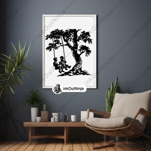 May include: Black and white silhouette illustration of two children on a swing hanging from a tree branch.