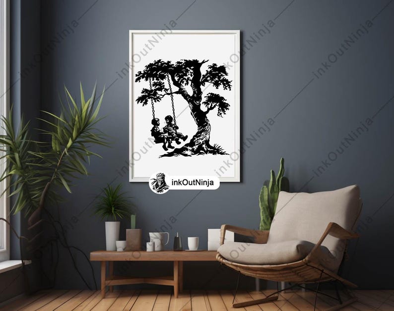 May include: Black and white silhouette illustration of two children on a swing hanging from a tree branch.