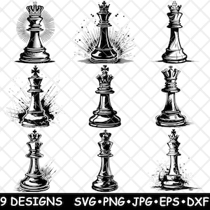 Ajedrez Rey Reina Corona Juego de mesa Pieza Estrategia Regalo Archivo láser SVG PNG JPG Escala de grises Quemar imagen Cortar Vector Posavasos Negro Blanco Cnc Madera
