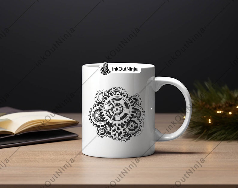 May include: White ceramic mug with a black and white illustration of interlocking gears. The mug has a black handle and the text "inkOutNinja" is printed on the mug.