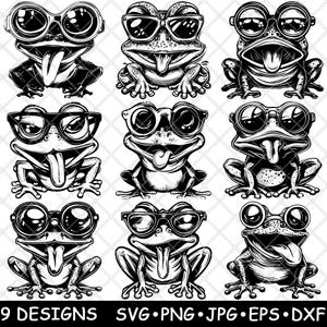 Cute Frog Tongue Out Sunglass Cool Funny Animal Fantasy Laser File SVG PNG JPG Grayscale Burn Image Cut Vector Coaster Black White Cnc Wood