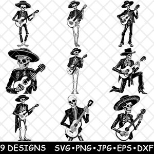 Mariachi squelette Mexique guitare musicien sérénade Charro fichier laser SVG PNG JPG niveaux de gris gravure image coupe vecteur dessous de verre noir blanc cnc bois