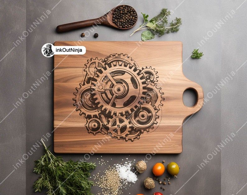 May include: A wooden cutting board with a design of gears engraved on the surface. The board has a handle on the side.