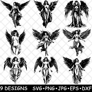 Ange femme sexy gardien séraphin esprit céleste beauté fichier laser SVG PNG JPG niveaux de gris gravure image coupe vecteur sous-verre noir blanc Cnc bois