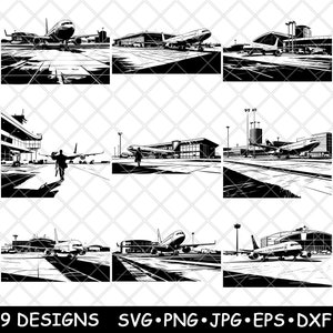 Luchthaven vliegtuig Terminal vliegveld Jet luchtvaart start-en landingsbaan laserbestand SVG PNG JPG grijswaarden afbeelding branden gesneden vector Coaster zwart wit CNC hout