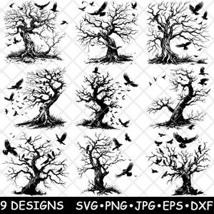 Albero morto Corvi volanti Legno contorto inquietante Corvi scuri File laser SVG PNG JPG Immagine bruciata in scala di grigi Tagliata Vettore Sottobicchiere Nero Bianco Legno CNC