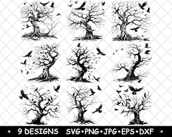 Raven Tree SVG Twisted Dead Crow Clipart Gothic Forest Designs Stickers Laser Engraving