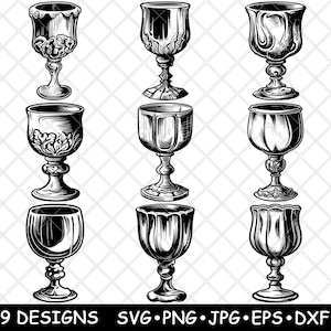 Gobelet calice vintage coupe médiévale verre à vin baroque fichier laser SVG PNG JPG niveaux de gris gravure image coupe vecteur sous-bock noir blanc bois CNC